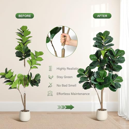 5 ft Fiddle Leaf Fig Tree Artificial with 77 Leaves - Realistic Faux Ficus Lyrata Trees in 7.8 in White Planter Pot, Indoor Fake Floor Plants for Home Office Living Room Decor, Housewarming Gift - color: With White Planter, size: 5ft