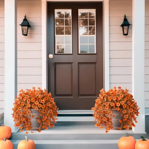 Homsunny Artificial Fake Fall Flowers Faux Mums for Outdoor Decoration, 2 Pcs Fake Silk Daisy Flower Plants Realistic UV Resistant for Home Porch Balcony Patio Autumn Decor(Orange - color: Orange