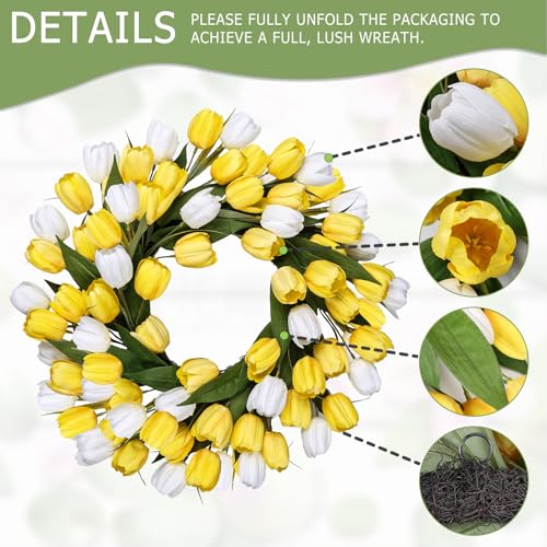 24 Inch Tulip Summer Wreath for Front Door Spring Silk Wreath with Green Leaves Artificial Tulip Flower Wreaths for All Seasons Farmhouse Porch Wall Living Room Home Widding Decor-Yellow - color: Yellow