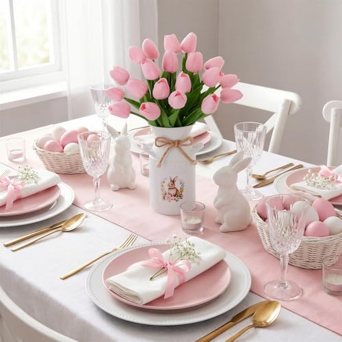 21 Pcs Artificial Tulip Centerpiece Decor with Vase Artificial Flower Bouquet Vintage Bunny Metal Flower Bucket Summer Tulip Floral for Party Spring Home Decor(Pink,Cute) - color: Pink, style: Cute