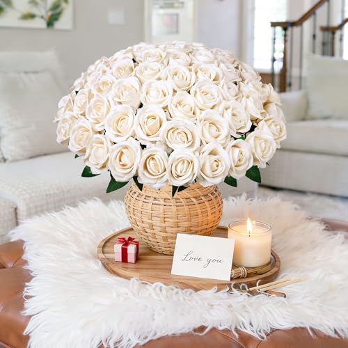 50 PCS Champagne Roses Artificial Flowers, Fake Roses with Stem Realistic Silk Rose for DIY Wedding Bouquets Table Centerpieces Arrangements Baby Shower Birthday Home Decor Valentines Day Gift for Her - color: Champagne