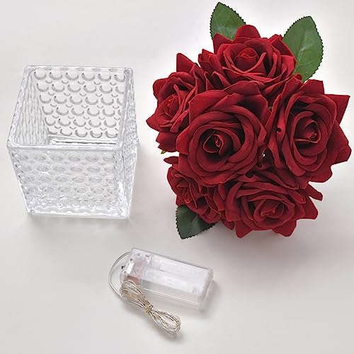 Fule Artificial Silk Rose Flower Centerpiece Arrangement in Glass Vase with LED Light for Home Wedding Decoration (Burgundy) - color: Burgundy
