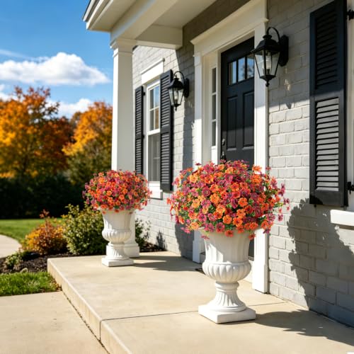 Fall Mums Artificial Flowers for Outdoors Potted, 12 Bundles Fake Fall Daisy Flower with Realistic Eucalyptus Leaves, Fake Plants for Greenery Boxwood Porch Patio Garden Pot Courtyard(Orange Brown) - color: Z-orange Brown