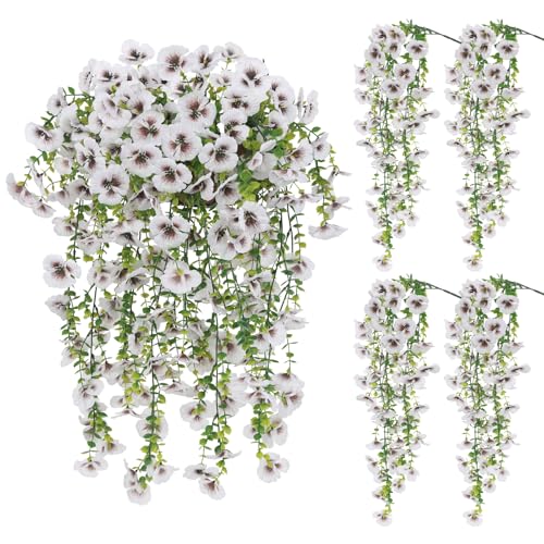 White Artificial Hanging Flowers for Outdoors, 4 PCS 29.5in UV Resistant Faux Outdoor Hanging Plants Pansy Flowers Fake Cascading Floral Vines for Porch Patio Balcony Pergola - color: White