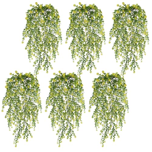 6PCs Artificial Eucalyptus Flowers for Outdoors Yellow Faux Hanging Vines Plants UV Resistant Fake Ferm Plants for Outdoors Home Porch Patio Garden Front Porch Summer Decor(Yellow) - color: Yellow