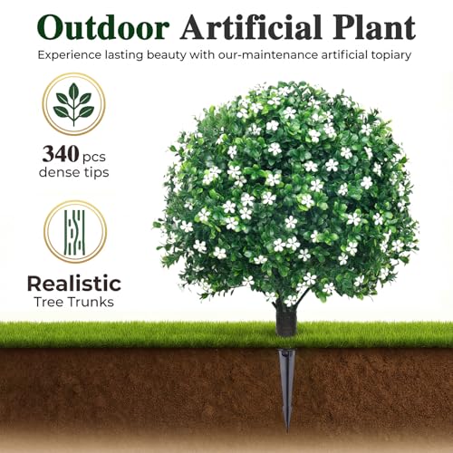 PATIO CHOICE Topiary Trees Artificial Outdoor Boxwood Ball Trees with Ground Spike Set of 2 22" Fake Outdoor Plants Faux Bushes and Shrubs Decorations for Outdoor Indoor Front Porch Garden - color: White, size: 22in
