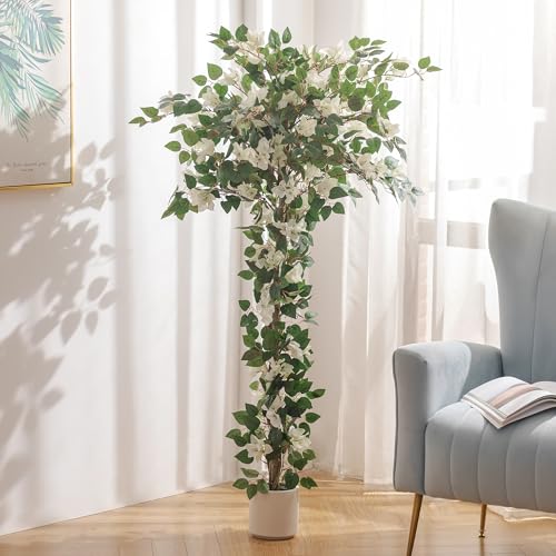 BLOSMON Bougainvillea Artificial Flower Tree: 5ft White Fake Flower Plant for Front Porch Decor - Faux Silk Floral Trees with Pot for Outdoor Garden Patio Indoor Home Office Floor Decoration - color: White Bougainvillea