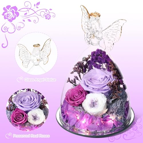 Mothers Day Rose Gifts for Women Preserved Real Flower in Glass Angel Figurines Roses for Delivery Prime Birthday Gifts for Mom Grandma Girlfriend Wife Her, Light Purple Austin Roses - color: Light Purple With Austin Roses