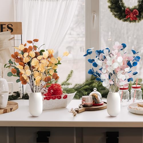7PCS Long Artificial Eucalyptus Stems 35.4" Branches with Navy Blue Silk Silver Dollar Leaves Fake Plants Bouquet Festival Party Floral Arrangements Accessories Home Office Table Vase Décor - color: Navy Blue