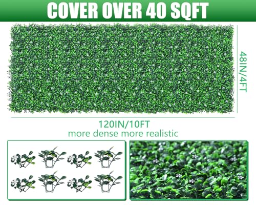 Grooy 48"x 120"(40 sq.ft) Artificial Boxwood Roll Panels with Flowers, UV-Anti Faux Ivy Leaves Privacy Fence Screen, Grass Wall Roll Panels for Indoor Home Decor and Outdoor Garden Backyard - size: 48X120IN