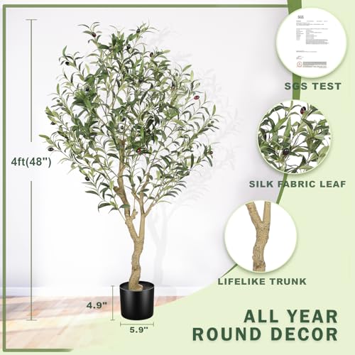 LYERSE 4ft Olive Tree - Olive Trees Artificial Indoor - Faux Olive Tree 4ft with Large Olive Branches and Lifelike Fruits - Fake Olive Tree for Modern Home Office House Living Room Decor - size: 4ft