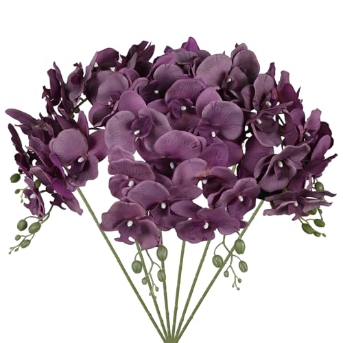 IPOPU 6Pcs Purple Orchids Artificial Flowers 37.4" Long Stem Fake Silk Orchid Look Real Flowers for Tall Vase Faux Orchids with 9 Large Blooms for Wedding Home Dining Table Centerpiece Decor (Purple) - color: Purple