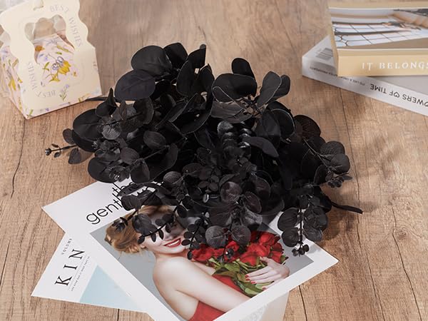 Coreland 120 Pcs 3 Kinds Mixed Artificial Eucalyptus Stems Faux Eucalyptus Leaves Branches Black Flower for Halloween DIY Bouquets Floral Arrangement Wedding Home Decor - color: Black Eucalyptus-120pcs