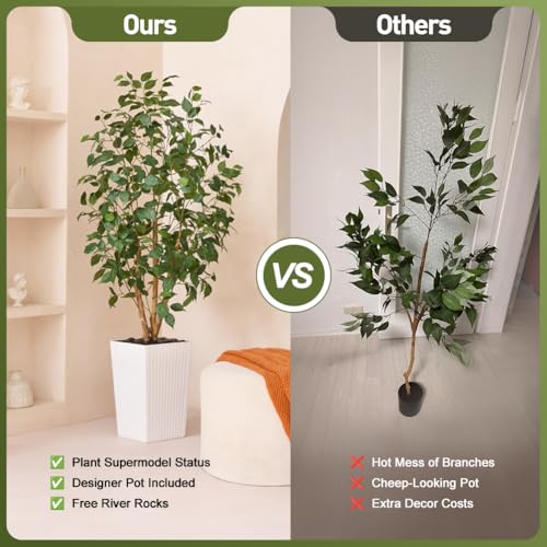 VeriNatural 5ft Artificial Ficus Tree,Tall Faux Tree with Pebbles & Planter UV Resistant Potted Fake Plant with Silk Leaves & Real Wood Trunk,Indoor Outdoor Floor Plant for Home,Living Room,VN129 - color: White, size: 5ft