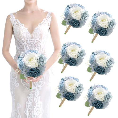 Artificial Bridesmaid Bouquets Set of 6-7 Inch Silk Bouquets for Bridesmaids, Pre-Made Small Wedding Bouquet Fake Flowers for Bridal Shower, Table Centerpieces, PartyDecor - Dusty Blue - color: Dusty Blue, size: 6pcs Bouquets