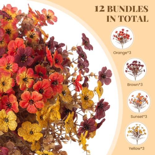 INXUGAO 12PCS Fake Artificial Fall Mums Flowers for Outdoor Decoration Faux Silk Fall Flowers Plants for Outdoor Planters UV Resistant Daisy for Home Decor - color: Fall-orange Brown Yellow Sunset Red