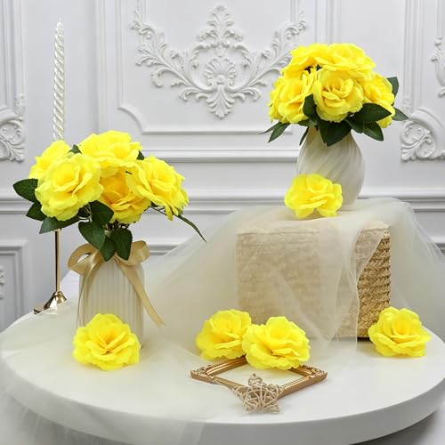 50 Pcs Rose Flower Head, Artificial Flowers Bulk for DIY Crafts, 3in Fake Rose Silk Flower Head wit Stem, Faux Flowers for Decoration, Wedding Home Party Decor Garland Decor (50, Yellow) - color: Yellow