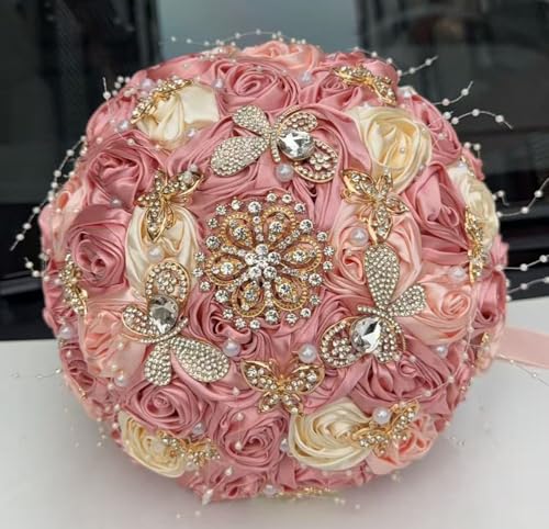 Handmade Wedding Flowers Bouquet Round Holding Bridal Bouquet Artificial Satin Roses Bunch for Bride Bridesmaid Wedding Quinceanera - color: Blush Pink, Light Salmon & Cream, size: Small (Dia. 7.5"/19cm)