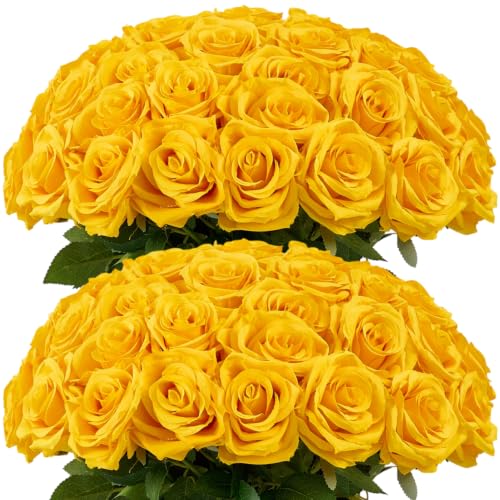 50pcs Yellow Roses Artificial Flowers Bulk Fake Roses Silk Flower with Stems Realistic Flowers for Wedding Centerpiece Party Birthday Decor - color: Yellow