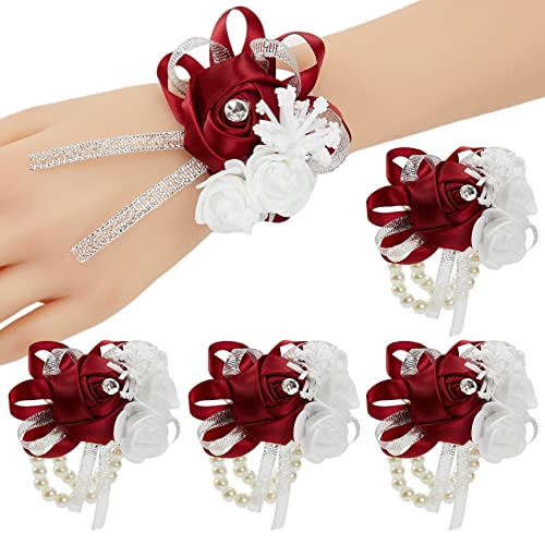 4pcs Burgundy Wedding Corsages Faux Silk Wine Red Rose for Women | for Wedding, Prom, Homecoming, and Evening Party, Wrist Corsages with Pearls for Brides, Bridesmaids, Mother of the Bride - color: 4pcs Wine Red Wrist Corsages