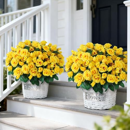 Juxdp 2 Set of Artificial Rose Topiary Trees - Faux Silk Flower Potted Plant, UV Resistant Fake Outdoor Rose Bush for Front Door, Farmhouse, Porch, Garden Decor (Yellow) - color: Yellow