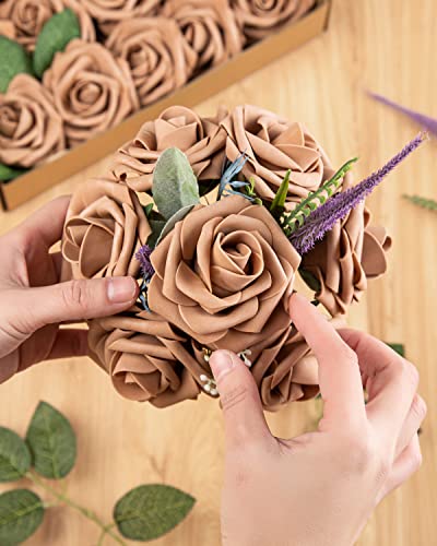 DuHouse 25Pcs Artificial Roses Flowers Fake Roses with Stems Real Touch Foam Flowers for DIY Wedding Bouquet Party Centerpiece Floral Arrangement Party Home Decor (Coffee) - color: Coffee, size: 25pcs