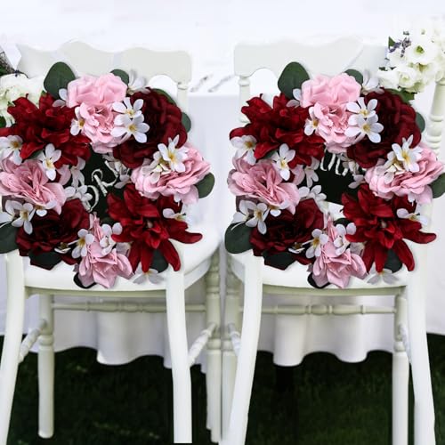 Artificial Flower Candle Rings - 6 Inch Inner Rose Floral Wreaths with Butterflies for Wedding Bridal Event Table Centerpieces Backdrop Decorations (Burgundy & Pink, 2 X Candle Rings) - color: Burgundy & Pink, size: 2 X Floral Wreaths
