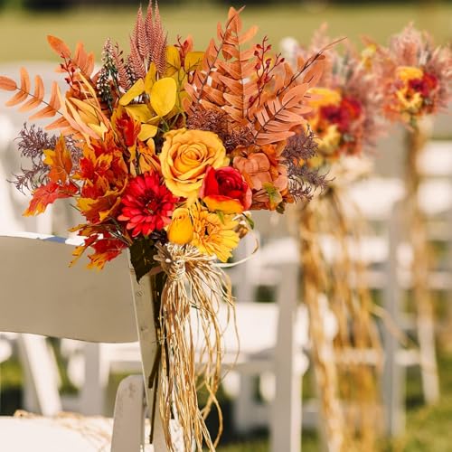 Artificial Fall Flowers Bouquets, 21.6” Autumn Fake Silk Orange Flowers Wedding Bouquets with Fall Florals Stems for Bridal Bridesmaid, Rustic Home Thanksgiving Table Centerpiece Decor - size: 1 Pcs