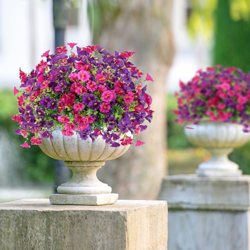 Artificial Flowers for Outdoors 12 Bundles Realistic Faux Plants UV Resistant Fake Silk Morning Glory with Eucalyptus for Front Door Planter Patio Porch Spring Summer Decoration (2 Mixed Color) - color: Mixed 2 Color