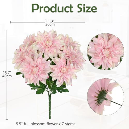 Hollyone 15.7" Pink Artificial Dahlia Flowers Bush 7 Heads Silk Fake Dahlias Flowers with Stems Wedding Bouquets Faux Dahlia Flowers Arrangements for Outdoor Indoor DIY Table Centerpieces Home Decor - color: Pink