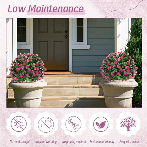 Yunlly Set of 6 Artificial Boxwood Topiary Ball Tree 16 Inch Outdoor Topiary Tree with Flower Fake Bushes, UV Resistance Faux Shrubs Evergreen Plant with Spike for Front Porch Indoor Decor (Pink) - color: Pink