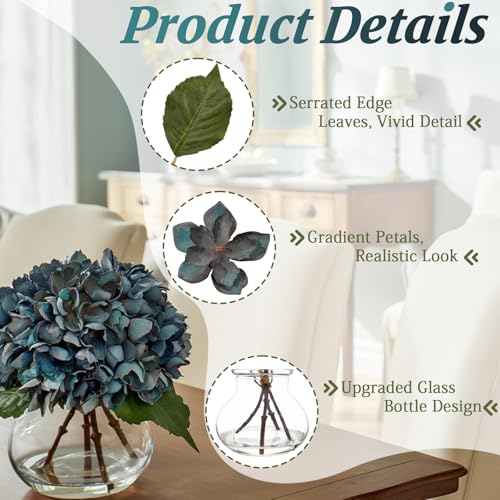 Blue Artificial Hydrangea Flowers with Glass Vase, Faux Floral Arrangements with Fake Water, Lifelike Hydrangeas Table Centerpieces for Dining Room, Coffee Table, Bathroom Decor - color: D-blue