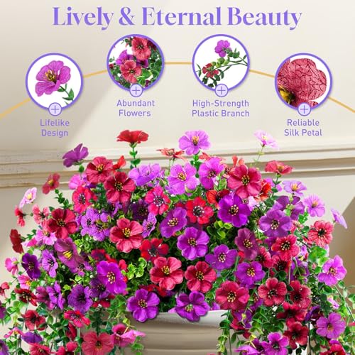 BlessedSeason 4 Pcs Artificial Hanging Flowers, UV Resistant Fake Flowers with Flexible Stems, Full Bundle Faux Flowers for Outdoor Planters, Zero Maintenance for Patio, Garden, Balcony, Red Purple - color: Red Purple, size: 4 PCS