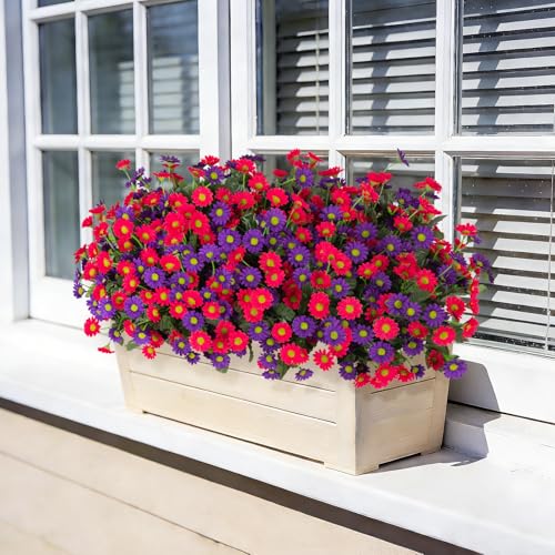 Ammyoo Fake Mums Spring Artificial Flowers for Outdoor Decoration, 12 Bundles Faux Silk Daisy Flowers Realistic UV Resistant No Fade Fake Plants for Home Patio Porch Garden Window Box Decor - color: Purple,rose Red