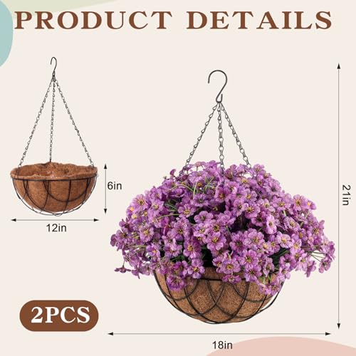 Beeveer 2 Pack Artificial Hanging Flower Basket for Outdoor Decoration Faux Orchid Hanging Plants with Coconut Lining Basket Fake Arrangement for Porch Courtyard Decor - color: Purple