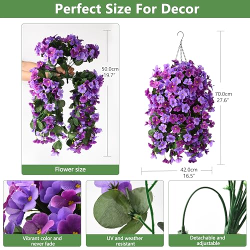 INQCMY Artificial Hanging Flowers Basket for Outdoor Summer Decoration,4pcs Faux Silk Begonia in Planter Look Real UV Resistant for Outside Home Porch Patio Balcony Yard Decor(Orchid Rose Red) - color: Deep Purple Light Purple