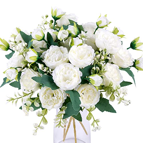 Floweroyal 12 Bunches Peony Artificial Flowers White Flowers Silk Peonies Bouquets for Wedding Party Table Centerpieces Floral Arrangement Home Kitchen Decor - color: White-12pcs