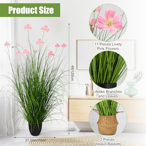 2 Pack 47in/4ft Artificial Grass with Fake Flowers Faux Plants Outdoor Indoor Tall Grass Greenery Decor for Garden Patio Home Office Pink - color: 2pack Green Flowers