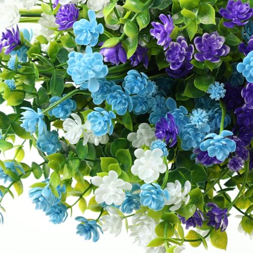 WILLBOND 12 Bundles Artificial Flowers Outdoor, UV Resistant Faux Artificial Plants Shrubs Plastic Flower Bulk for Hanging Planter Porch Window Home Spring Summer Decor(Blue, Purple, White) - color: Blue, Purple, White