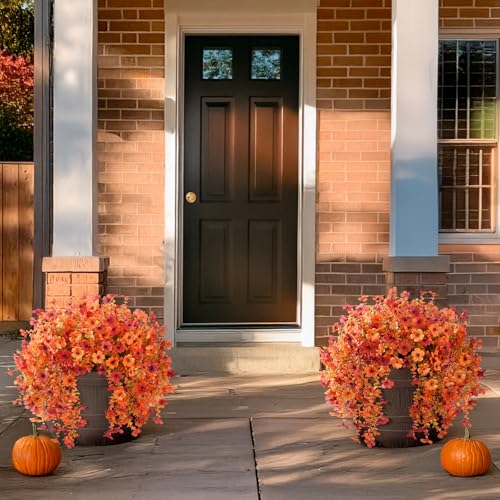 ZFProcess Artificial Fall Flowers for Outdoors, 2PCS Silk Fake Flowers Realistic Daisy Mums UV Resistant Porch Patio Window Yard Decor (Fall Orange) - color: Fall Orange
