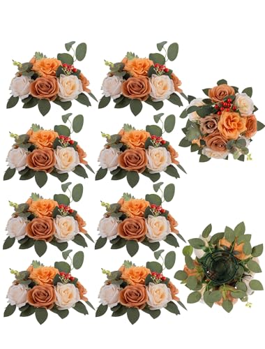 BLOSMON Terracotta Flowers for Wedding Centerpieces: 10 Pcs Artificial Rose Flower Balls Table Decorations - Fall Fake Silk Kissing Floral Arrangements for Home Party Event DIY Decor - color: Terracotta
