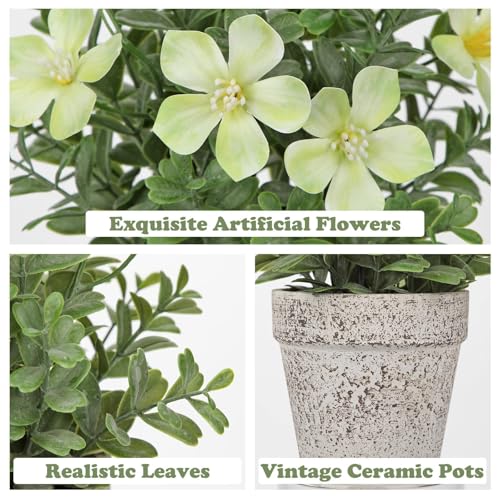 GnFlus Artificial Flower in Rustic Pot Yellow Fake Cherry Blossom with Leaves Potted Plant Farmhouse Spring Decor for Home Living Room Shelf Decor Enterway Table Decoration 2 Pack - color: Yellow