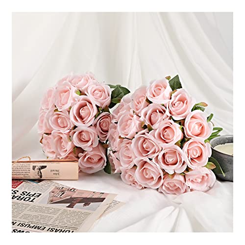 ZMZQ&flw 2 Bouquet Artificial Flowers 36 Heads Silk Pink Roses Fake Flowers Single Stem for Outdoor Bridal Wedding - color: Pink 36pcs