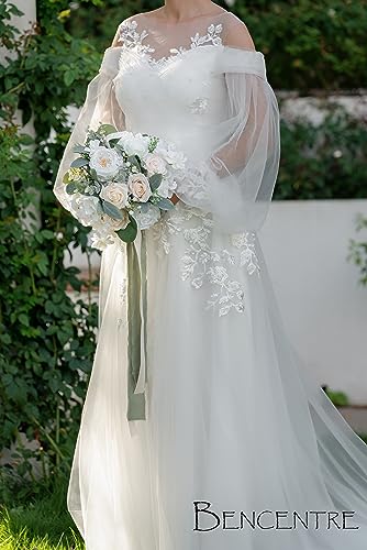 10 Inch White Bridal Bouquet,Wedding Bouquet,Bride Bouquets for Wedding Ceremony Anniversary, Party and French Rustic Vintage Wedding,Artificial Flowers - color: White&greenery
