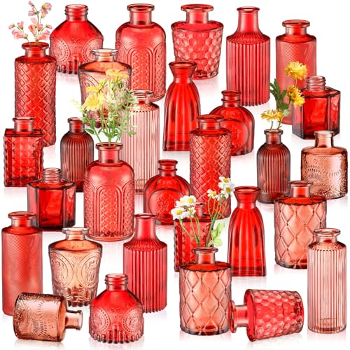 Yaomiao 30 Pcs Vases Bulk Colored Flower Glass Bud Vases Valentine Vintage Colored Glass Bottles Colorful Rustic Embossed for Home Wedding Table Decorations Gifts (Red Series) - color: Red Series