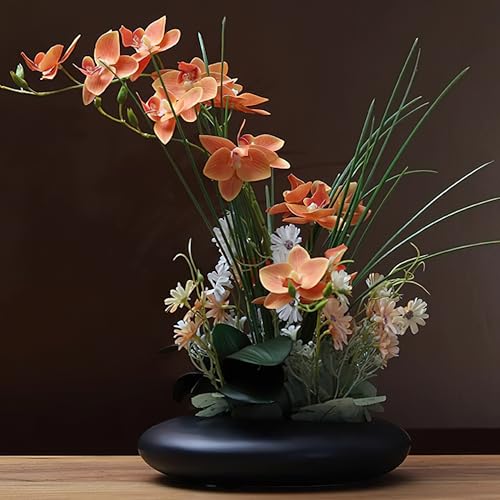 SYDDOL 17" Artificial Orchid Flowers, Real Touch Phalaenopsis Silk Bouquet with Ceramic Pot for Indoor Table Centerpiece Home Decoration (Koi Flower + Black Pot) - color: Koi Flower + Black Pot