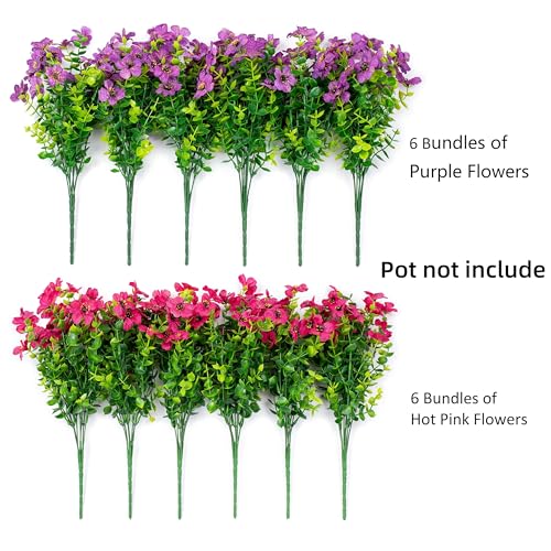 HyeFlora Artificial Flowers for Outdoor Indoor Garden Home Decoration, Faux Flower Daisy with Eucalyptus Leaves Fake Plants Greenery Boxwood Porch Patio, 12 Bundles (Purple Pink) - color: Purple Pink