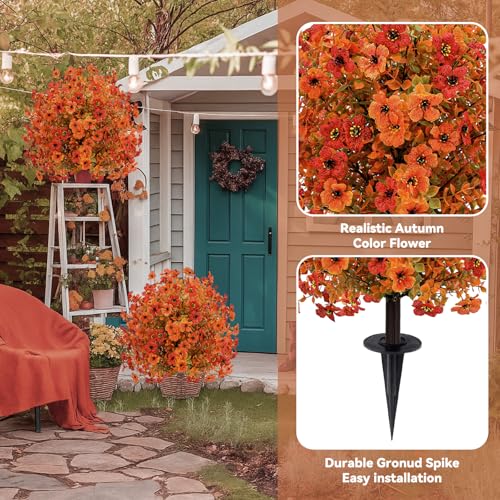 ENVEN Artificial Topiary Ball Trees with Ground Spikes UV Resistant Faux Greenery Shrubs Fake Shrubs for Outdoors, Realistic Faux Plants Bushes for Garden Porch Yard Patio Decor (Orange Small Flower) - color: Orange Small Flower
