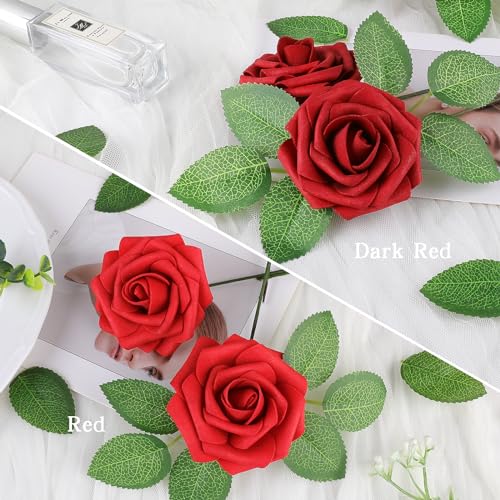 AmyHomie 25pcs Real Looking Artificial Red Roses w/Stem for DIY Wedding Bouquets Centerpieces Arrangements Party Baby Shower Valentines Day Christmas Tree Decorations - color: Red