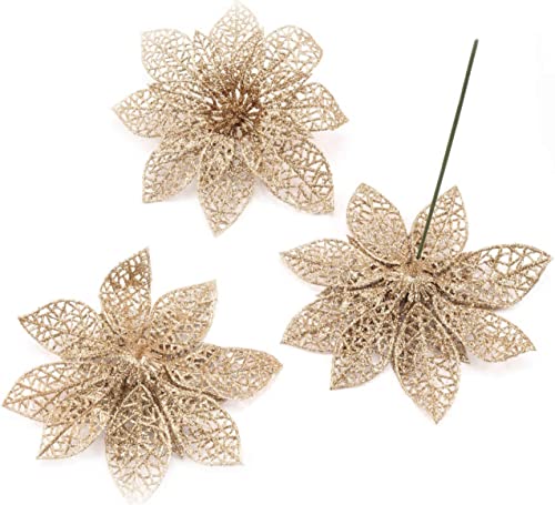 Wironlst 24 Pieces Glitter Poinsettia Flowers Christmas Tree Ornaments, Glitzy Poinsettia Bushes Christmas Decorations for Xmas/Holiday/Seasonal/Wedding (Champagne) - color: Champagne